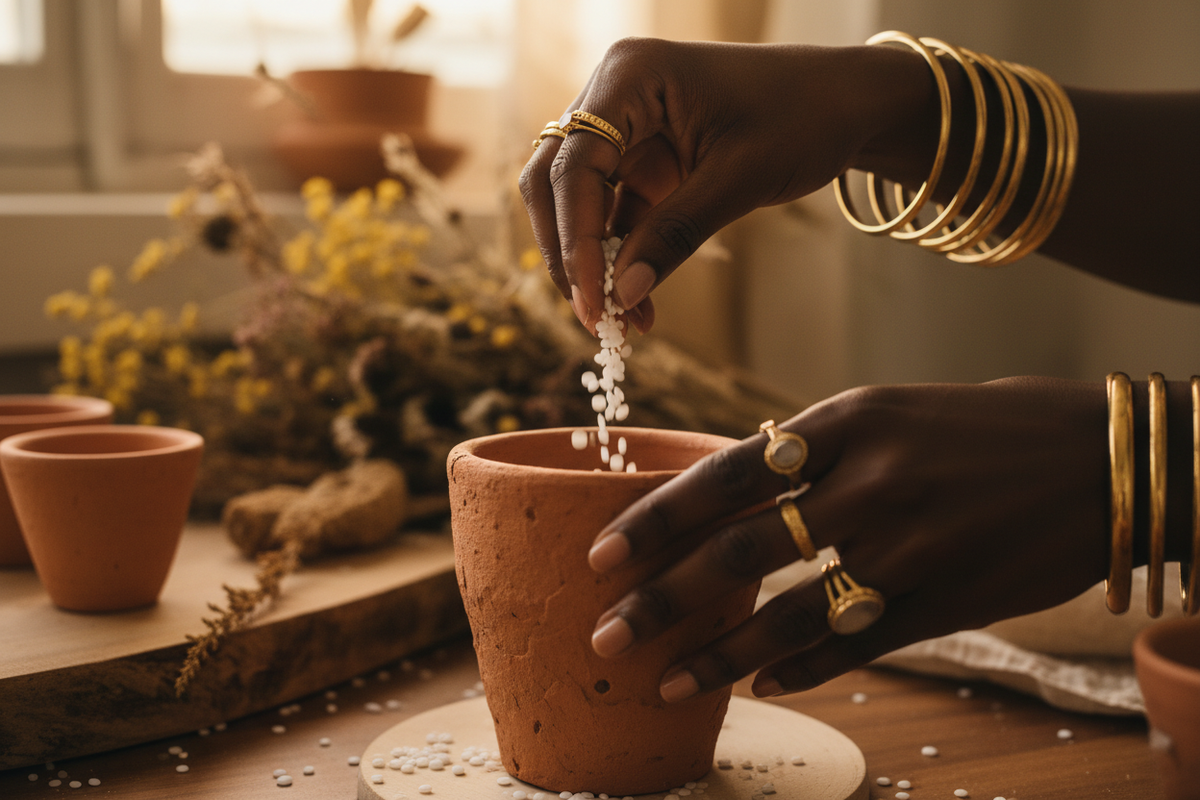 mains de femme noire avec bagues et bracelets qui laisse tomber des pastilles de cire de soja blanche dans un contenant en terre cuite. Couleurs marrons, terracota