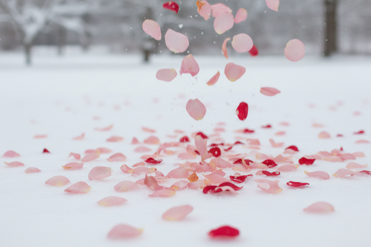 pluie de pétale de rose sur neige